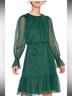 Boden Green Black Leaf Printed Long-Sleeve Tie-Waist Dress